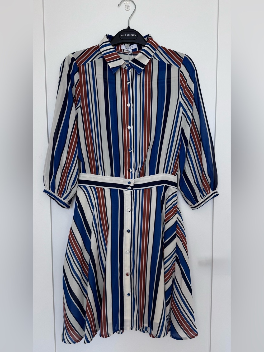 Lucy Paris Striped Button-Front Midi Dress in Blue, White & Brown